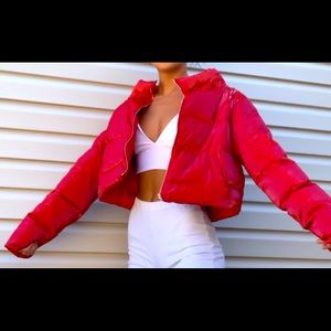 Red puffy jacket, off the shoulder